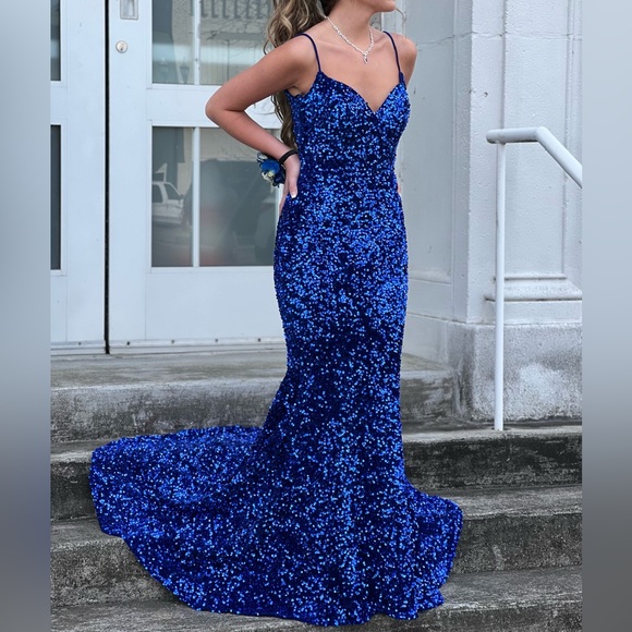 Portia and Scarlett Royal Blue Sequin Prom Dress - Picture 3 of 4